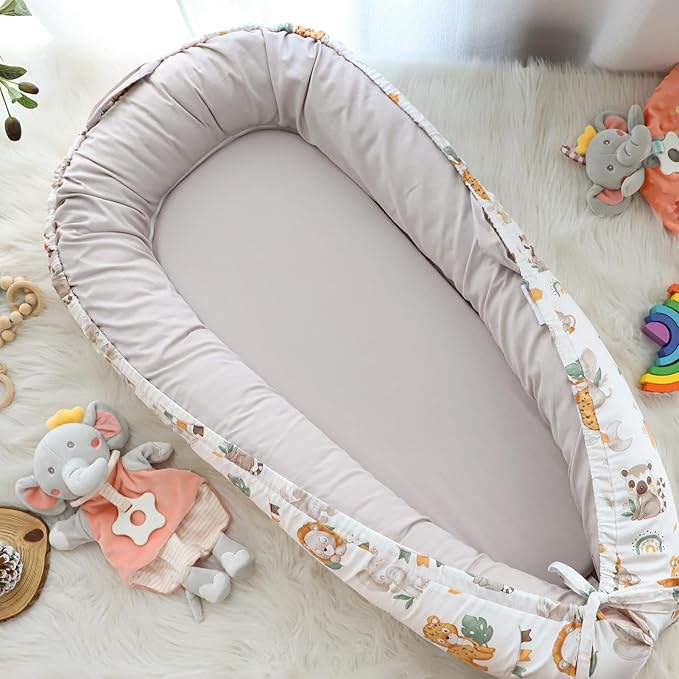 Baby Lounger Cover for Boys Girls, Reversible Baby Nest Cover, Adjustable Baby Lounger Replaceable Cover for Infant Newborn, Portable and Machine Washable, Cotton Gray Elephant Cover Only-CubbioJoy