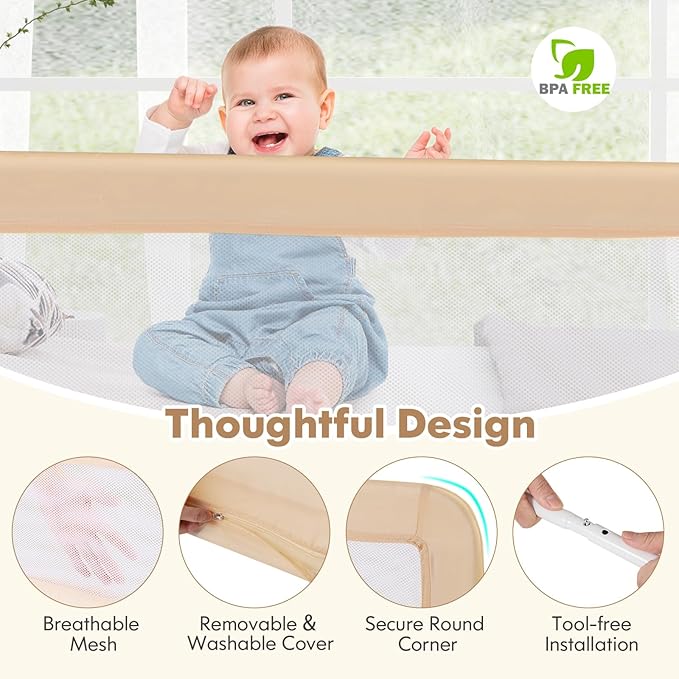 BABY JOY Bed Rails for Toddlers, 59'' Extra Long, Swing Down Bed Guard w/Safety Strap, Folding Baby Bedrail for Kids Twin, Double, Full Size Queen & King Mattress (59-Inch, Beige)-CubbioJoy