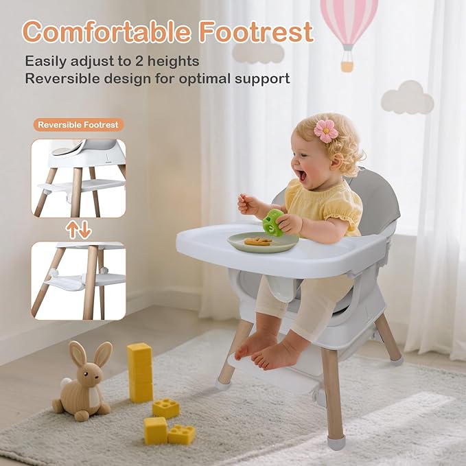 9 in 1 Convertible Baby High Chair with Booster, Wooden Highchair for Babies and Toddlers with Adjustable Tray & 5-Point Harness, Multi-Functional Growing Seat for Feeding, Learning & Play, Gray-CubbioJoy