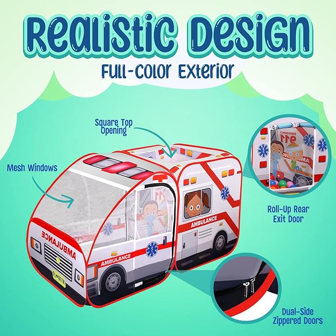 Ambulance Pop-up Play Tent for Kids with Sounds, Doctor Kit & Ball Pit for Toddlers & Up - Easy Setup Pop up Toy for Indoor & Outdoor, Emergency Vehicle Playset, Pretend Play, Great Gift-CubbioJoy