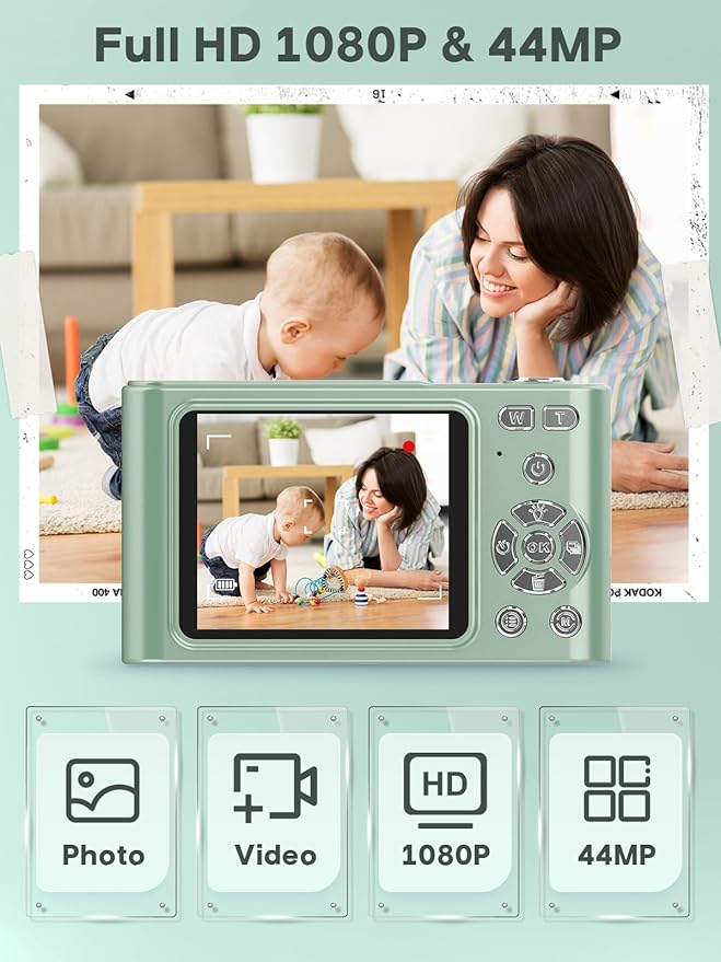 2025 Digital Camera - 1080P Vlog Camera, 44MP Compact, 16X Zoom, Anti-Shake, Green Gift for Kids-CubbioJoy