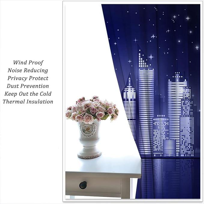 City Rod Pocket Blackout Curtains for Boy Girl Bedroom, New York Skyline Modern City Starry Sky Night View Thermal Insulated Home Window Drapes for Living Room Darkening, 72x63 inch-CubbioJoy