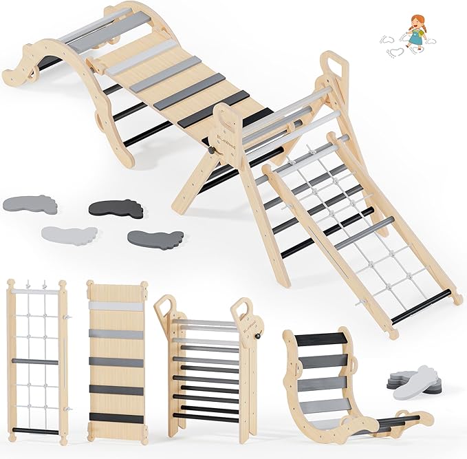 BlueWood 10-in-1 Pikler Triangle Set, Toddler Climbing Toys Indoor, Montessori Climber, Baby Jungle Gyms with Arch, Extra Rope Ladder & Footprint Balance Beam - Grey Twilight-CubbioJoy
