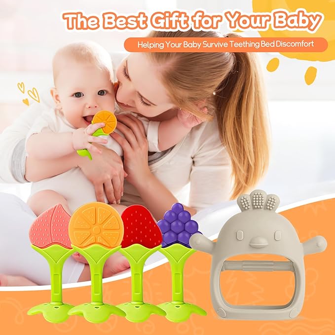 5 Packs Baby Teething Toys for Babies Over 3 Months, Food Grade Silicone Teething Mitten, Anti Dropping Wrist Hand Teethers Baby Chew Toys for Sucking Needs, BPA Free (Caramel)-CubbioJoy