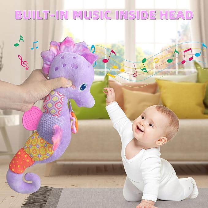 Baby Toys 0-6 Months,Infant Musical Seahorse Stuffed Animals Sensory Toys with Bright Colors,Multiple Textures,Rattles & Crinkle Sound Paper,Tummy Time Toy for Newborn Boys Girls 0-12 Months-Purple-CubbioJoy