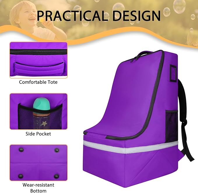 Car Seat Travel Bag for Airplane,Infant Seat Travel Bag with Shoulder Strap,Padded Car Seats Backpack with Reflective Stripes,Large Carseat Carrier Bag Travel Car Seat Cover,Purple-CubbioJoy