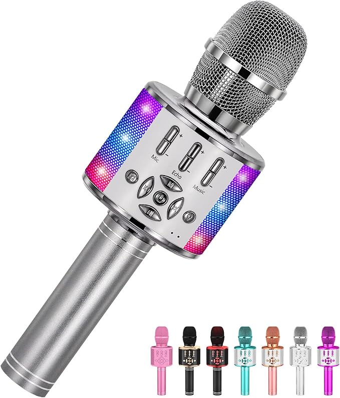 Amazmic Kids Karaoke Microphone Machine Toy Bluetooth Microphone Portable Wireless Karaoke Machine Handheld with LED Lights, Gift for Children Adults Birthday Party, Home KTV(Gray)-CubbioJoy