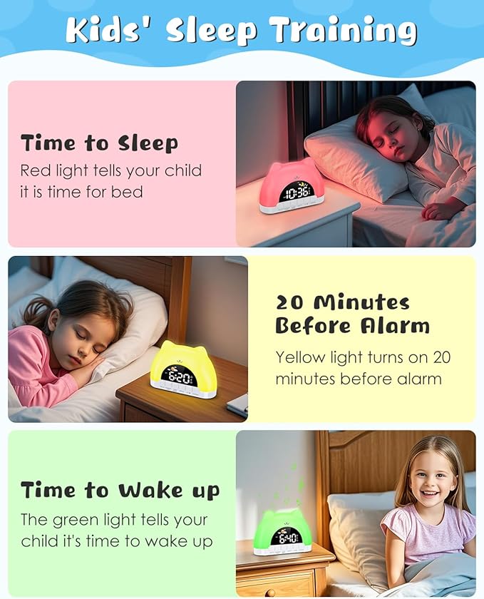 Kids Alarm Clock, OK to Wake Clock for Kids, Cat Clock with 11 Colors Night Light, 10 Soothing Sounds, Child Lock, Dual Alarms, Sleep Training, Birthday Gift for Boy Girls Children-CubbioJoy