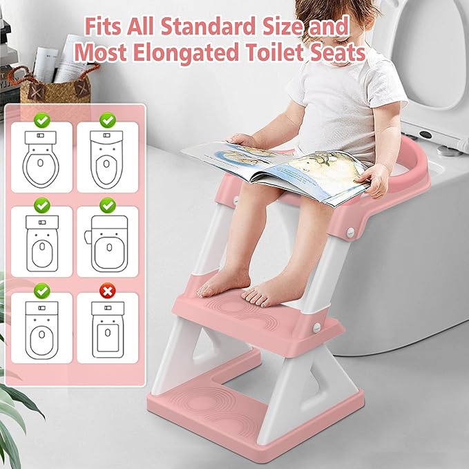 2 in 1 Potty Training Toilet Seat & Toddler Step Stool, Bottom Triangle Stability Toddler Toilet Seat, Adjustable Step & Seat Height Potty Seats for Toddlers Boys Girls (Pink)-CubbioJoy