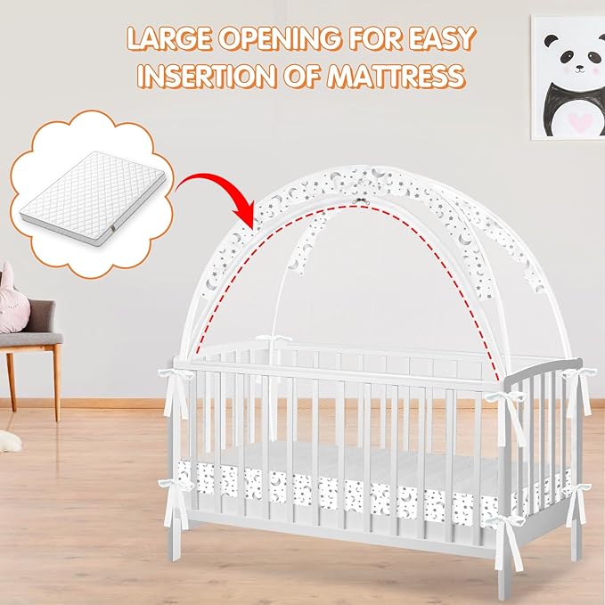 Crib Tent to Keep Baby from Climbing Out - Crib Net to Keep Baby in - Pop Up Breathable Cribs Cover - Canopy with Upgrade Strong Mesh and Durable Zipper (White-Star and Moon, Lager)-CubbioJoy
