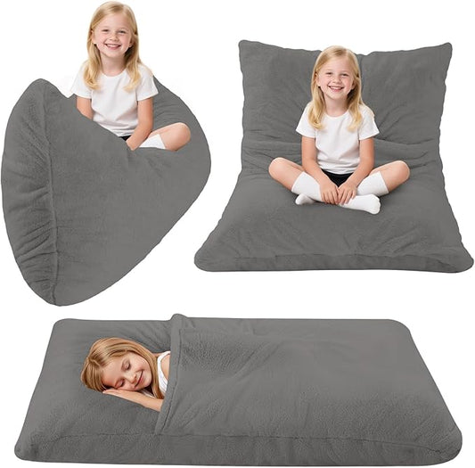 COMAX 3-in-1 Bean Bag Chair for Kids, Toddler Beanbag Bed, Convertible Child Floor Lounger, Floor Mattress with Filler for Girl Boy Sleeping Reading, Grey-CubbioJoy