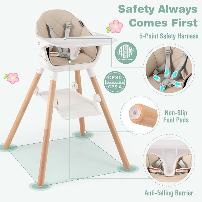 BABY JOY High Chair, 6 in 1 Convertible Wooden Highchair for Babies & Toddlers with Adjustable Legs, Double Removable Tray, Safety Harness & Waterproof PU Cushion (Beige)-CubbioJoy