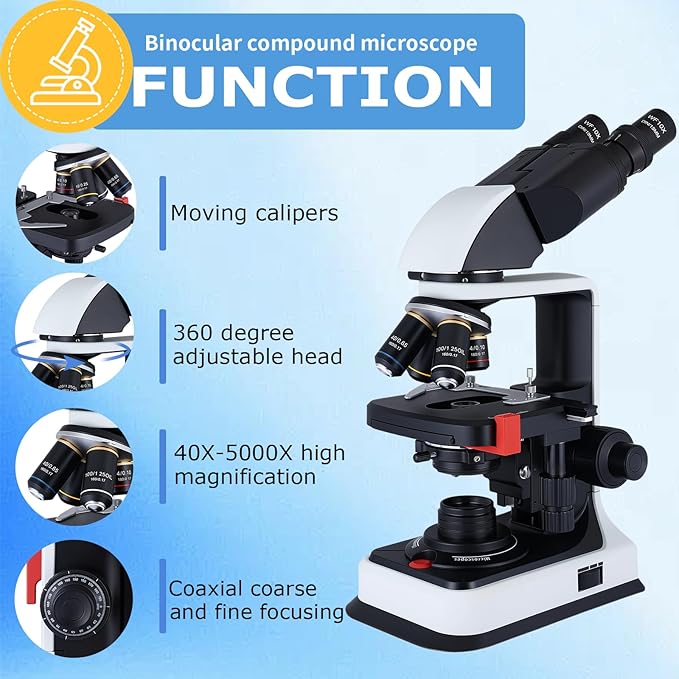 40X-2500X Binocular Microscope, WF10x and WF25x Eyepieces, LED Illumination, with Specimen Handpiece Holder, for Beginners, Microscope for Adults-CubbioJoy