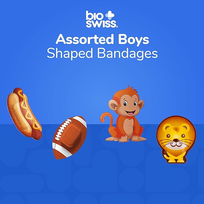 BioSwiss Bandages, Assorted Animal, Fun and Food Shaped Self Adhesive Bandage for Boys, Latex Free Sterile Wound Care, 100 Count-CubbioJoy