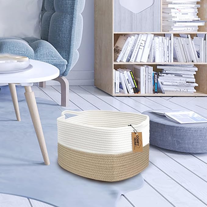 COMFY-HOMI Cotton Rope Woven Basket with Handles for Shelves,Toys,Book, Cloth Storage Baskets Bin for Organizing-13.5"x11"x9.5" Toy Decorative Organizer for Living Room, Bathroom-Light Brown-CubbioJoy