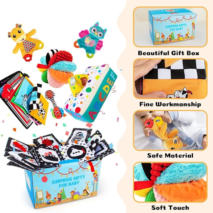 Baby Gifts Set,Infant Toys Set with Tummy Time Mirror,Plush Teethers,High Contrast Baby Books,Rattle,Tissue Box Toy,Sensory Ball for Boys Girls,Perfect Sensory Toys Gifts Basket for Shower Birthday-CubbioJoy
