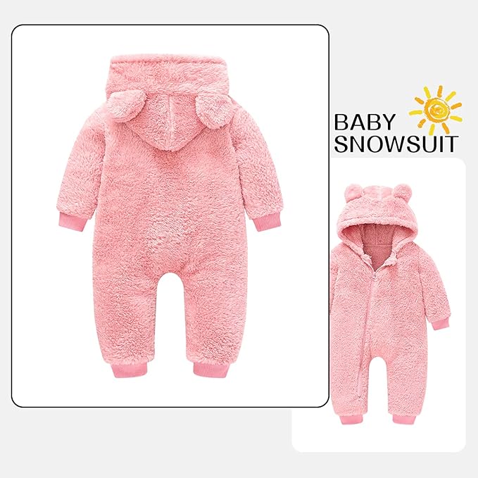 Baby Fleece Jumpsuits Infant Bear Ear Snowsuit Newborn Hooded Romper Warm Coat-CubbioJoy
