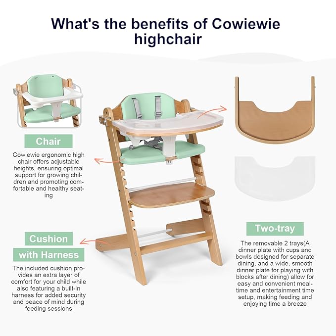 Cowiewie Natural Wooden High Chair for Babies & Toddlers 3-Tier Remove Adjustable Tray and Highchair with Cushions, Easy to Clean, Portable(Green)-CubbioJoy