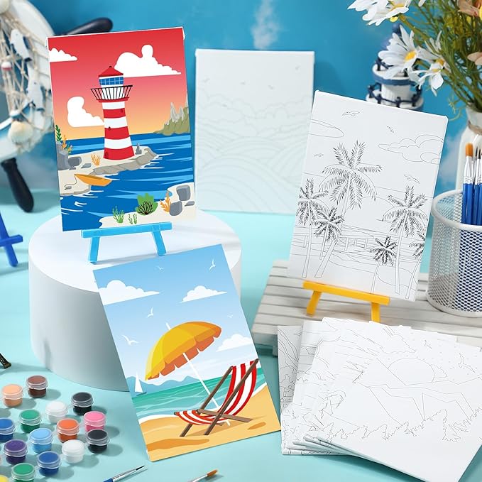 Blosssound 10 Set Pre Printed Canvas Pre Drawn Canvas Painting with Easel Kits 5" x 7" Outline Painting Panels for Beginners, DIY Craft Project, Party Favor, Home Decors(Summer)-CubbioJoy