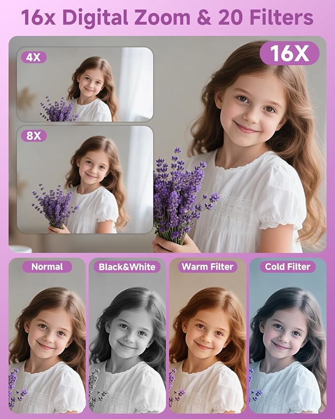 Digital Camera, 44MP FHD 1080P, 16X Zoom, 32GB SD Card, Compact Camera for Kids Teens Adults, Purple-CubbioJoy