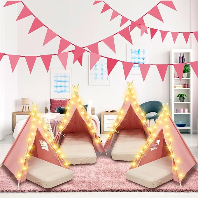 6 Pack Sleepovers Teepee Tent for Kids Bulk with Mattress Sheet Light,Natural Cotton Washable Indoor Play Tent for Birthday Slumber Party Girls Boys Pajama Movie Night Supplies(Pink)-CubbioJoy