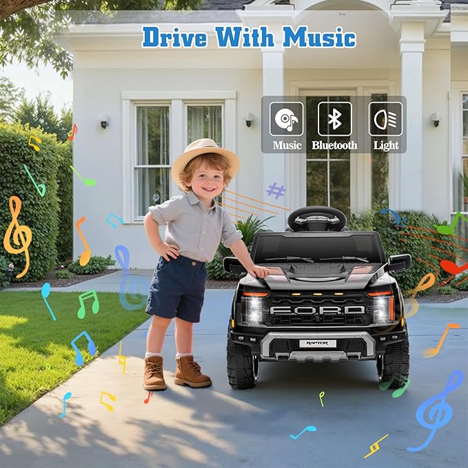 12V Ride on Car Licensed Ford F-150 Raptor, Kids Electric Car with Remote Control, LED Light/Music/MP3, Truck Bed Storage, 3-Point Seat Belt (12V, Black)-CubbioJoy