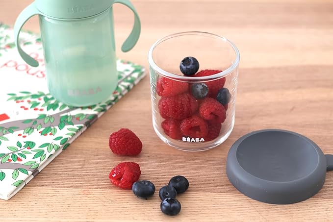 BEABA 8 oz Glass Baby Food Jars with Soft Silicone Air Tight Lids, Glass Storage Containers with Lids, Microwave and Freezer Safe Containers, Mineral-CubbioJoy