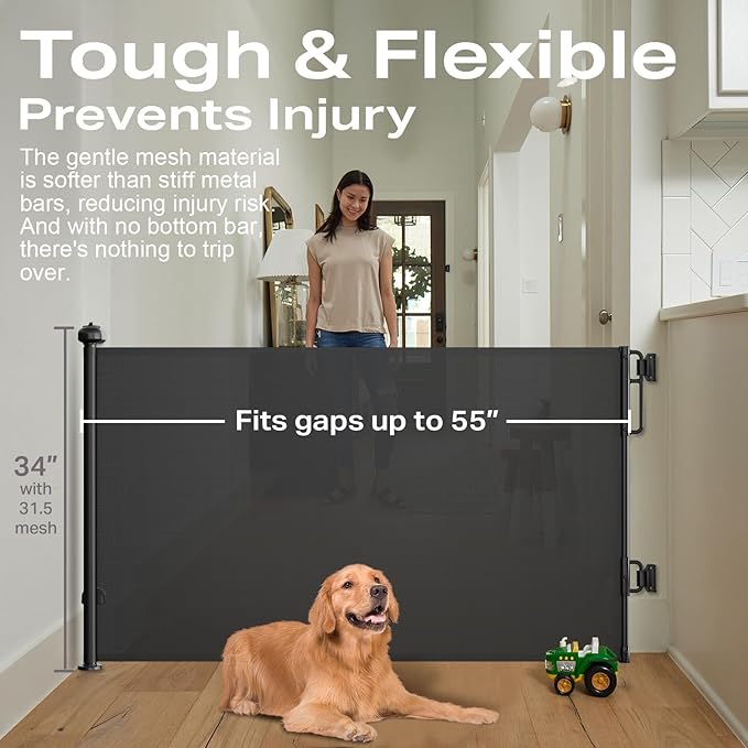 Cumbor Retractable Baby Gates for Stairs, Mom Choice Award Winner-55 Wide Mesh Dog Gate for Doorways, 34" Tall Easy to Use Pet Fence for The House, Toddler Safety Essentials Indoor&Outdoor, Black-CubbioJoy