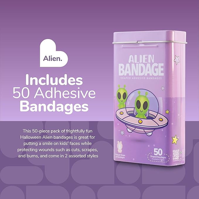 BioSwiss Bandages, Halloween Alien Shaped Self Adhesive Bandage, Latex Free Sterile Wound Care, Fun First Aid Kit Supplies for Kids, 50 Count-CubbioJoy