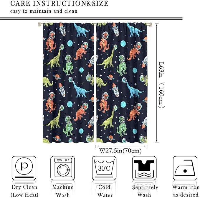 Cartoon Dinosaur Curtains for Kids Boys Girls Home Decor, Astronaut Rocket Funny Outer Space Blackout Rod Pocket Window Drapes for Bedroom Living Room W27.5xL63in 2 Panels-CubbioJoy