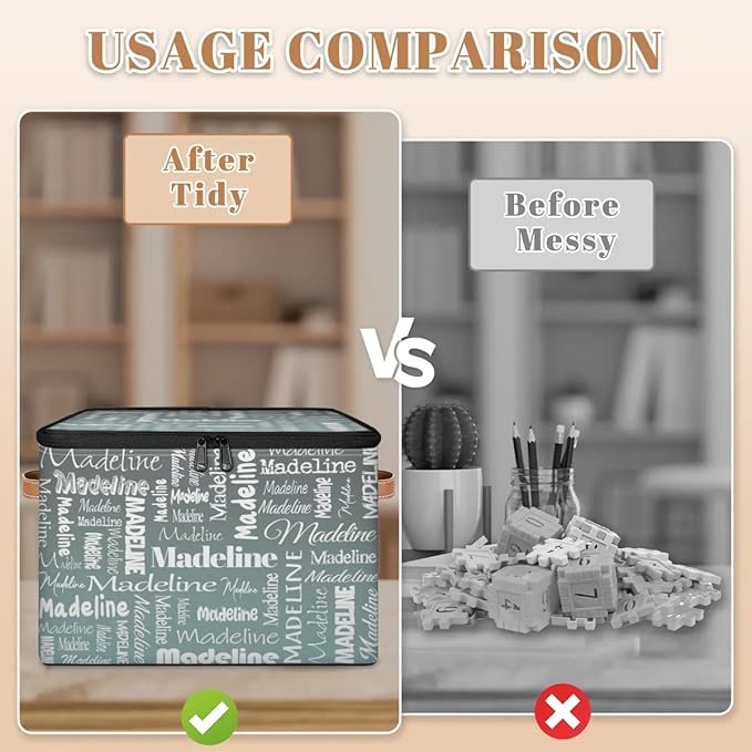 Custom Storage Basket with Name, Personalized Storage Bins with Zipper Lid, Foldable Fabric Storage Box Large capacity with Handle Gradient Grey Green-CubbioJoy