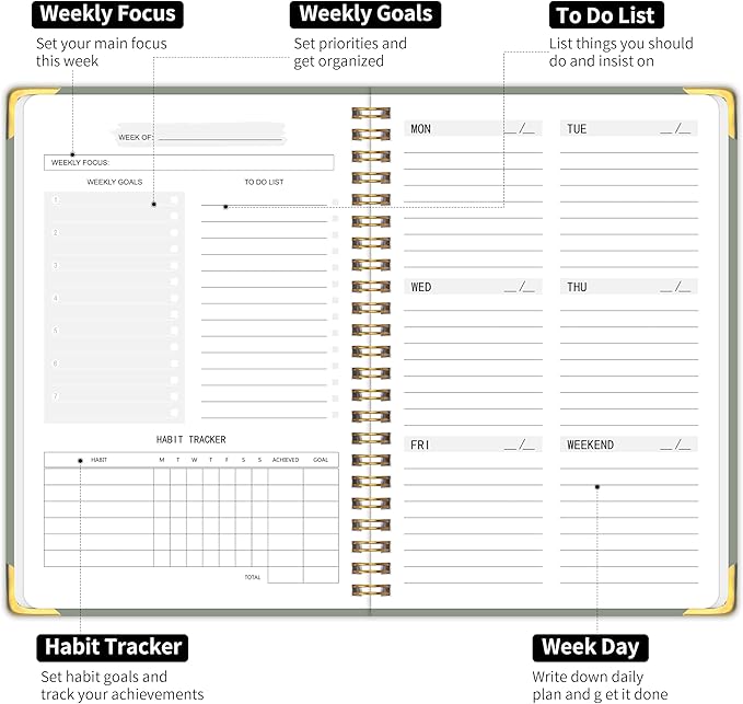 Undated Weekly Planner, Weekly To Do List Notebook with Goal & Habit Tracker Organizer, A5 5.8" x 8.0" Weekly Planner Notebook with Spiral Binding for Men or Women-CubbioJoy