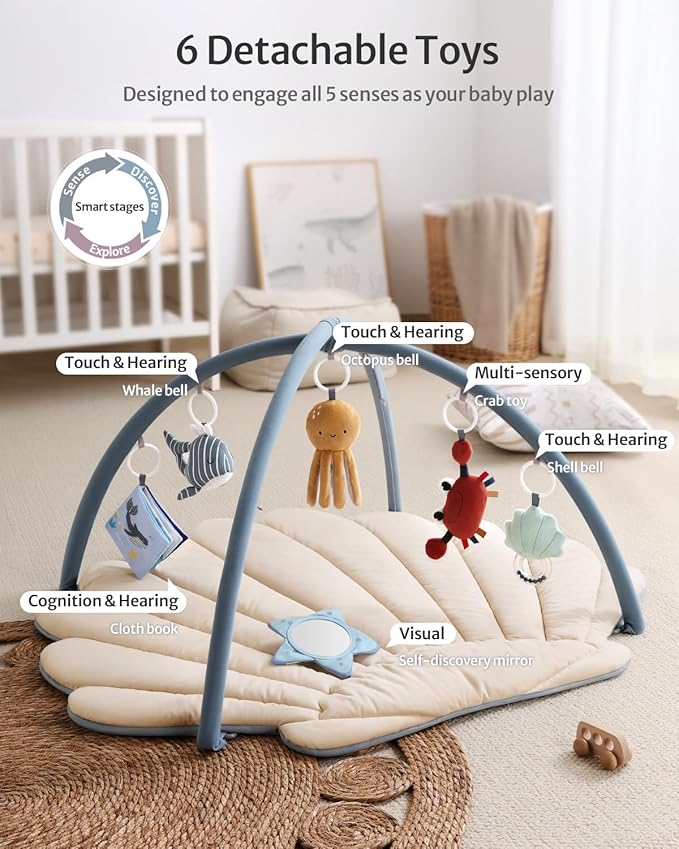 Blissful Diary Shell Baby Play Gym Mat, Softer & Enlarged Tummy Time Mat w 6 Detachable Toys for Sensory & Motor Skill Development, Activity Mat for Newborn Essentials Shower Gift, Boho Ocean Theme-CubbioJoy