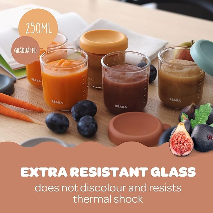 BEABA 6 Pack Glass Baby Food Jars with Soft Silicone Air Tight Lids, 8 oz Glass Storage Containers with Lids, Microwave and Freezer Safe Containers, Sunrise-CubbioJoy