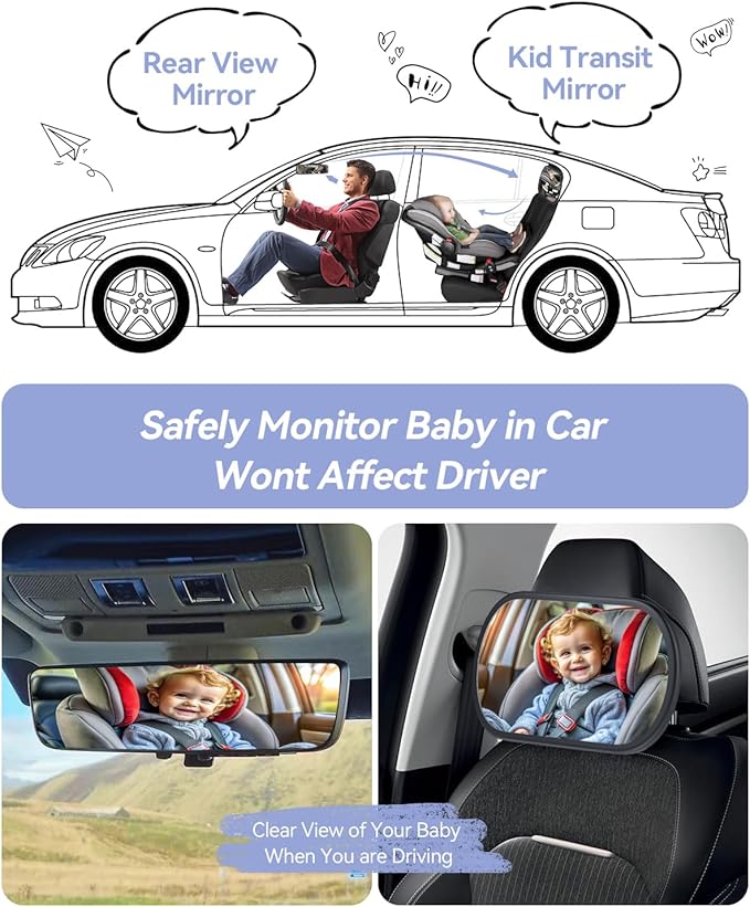 Baby Car Mirror for Backseat - Rear Facing Car Seat Mirror Safety for Infant Newborn - Easily Observe the Baby Move,Clear Wide View,360°Rotation, Secure, Shatterproof - Black-CubbioJoy
