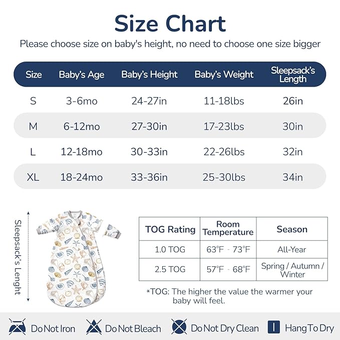 Baby Sleep Sack 6-12 Months, Cotton Detachable Long Sleeve Sleep Sack, 2.5 Tog Toddler Sleeping Sack with Temperature Strips, 2-Way Zipper Wearable Blankets for Newborns, Ocean-CubbioJoy
