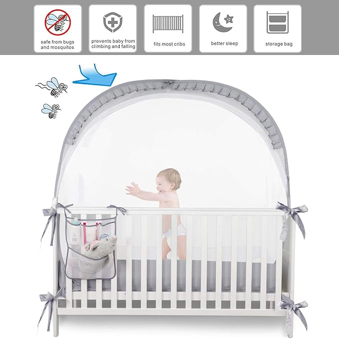 Baby Safety Crib Tent Infant Pop up Mosquito Net Nursery Bed Canopy Netting Cover - Keep Baby from Climbing Out with Hanging Diaper Storage Bag (Gray)-CubbioJoy