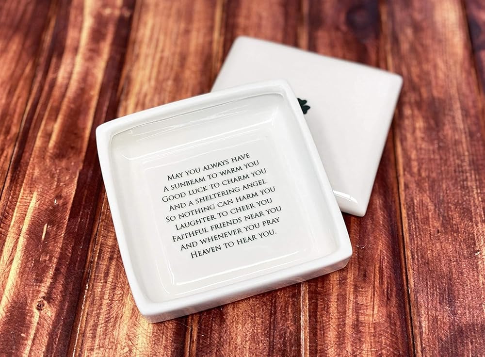 Baptism Gift, First Communion Gift, or Confirmation Gift – Square Ceramic Keepsake Box with Irish Blessing and Shamrock in Green-CubbioJoy