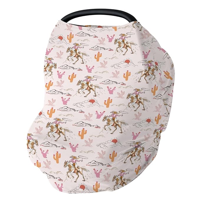 Cute Pink Cowgirl Car Seat Cover for Baby Western Cowgirls Horse Cactus Mountain Sunset Stretchy 5-in-1 Covers Adjustable Infant Carseat Canopy Cover Wild West Desert Breathable Nursing Cover-Up-CubbioJoy