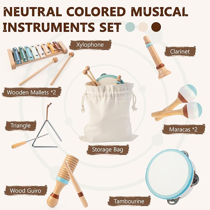 Baby Musical Instruments | Montessori Wooden Toys for Toddlers, Neutral Color Percussion Instruments Set with Modern Boho Xylophone Tambourine, Educational Musical Toys for Boys Girls 3+-CubbioJoy