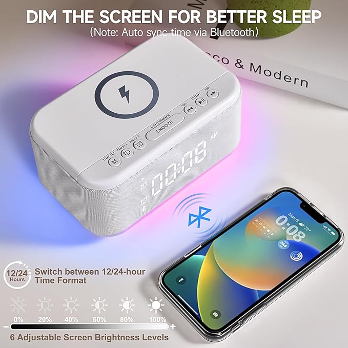 Alarm Clock Speaker Wireless Charger, Digital Alarm Clocks Bedrooms Bluetooth, Alarm Clock Dimmable Light Bedrooms Dual Alarm Snooze Dimmer 12 24H RGB Night Light Bluetooth USB AUX, White-CubbioJoy