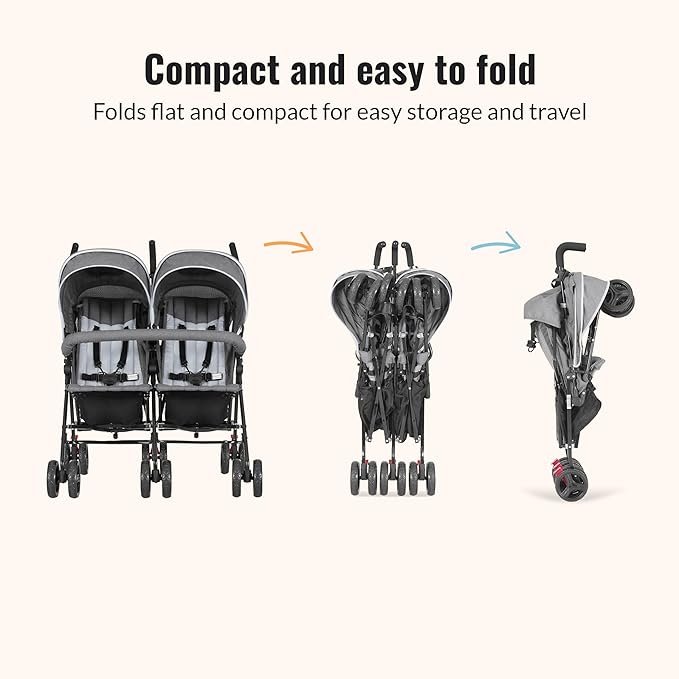 Dream On Me Volgo Twin Umbrella Stroller in Gray, Lightweight Double Stroller for Infant & Toddler, Compact Easy Fold, Large Storage Basket, Large and Adjustable Canopy-CubbioJoy