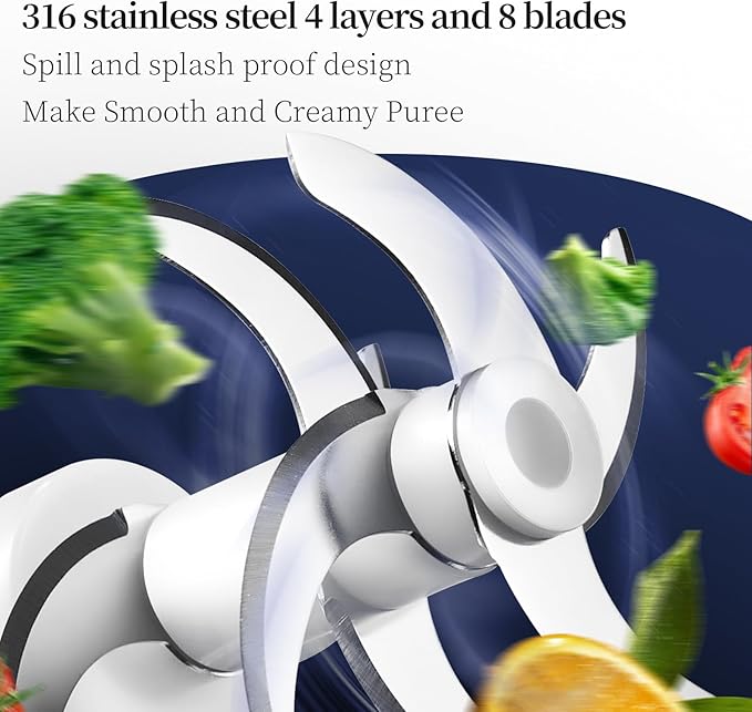 Baby Food Maker Mini Cute and Small Food Processor Puree Blender Grinder Chopper with 2 Glass Bowls(0.6L+0.3L) 8 Blades Electric (Without Battery) -2 Bowls-CubbioJoy