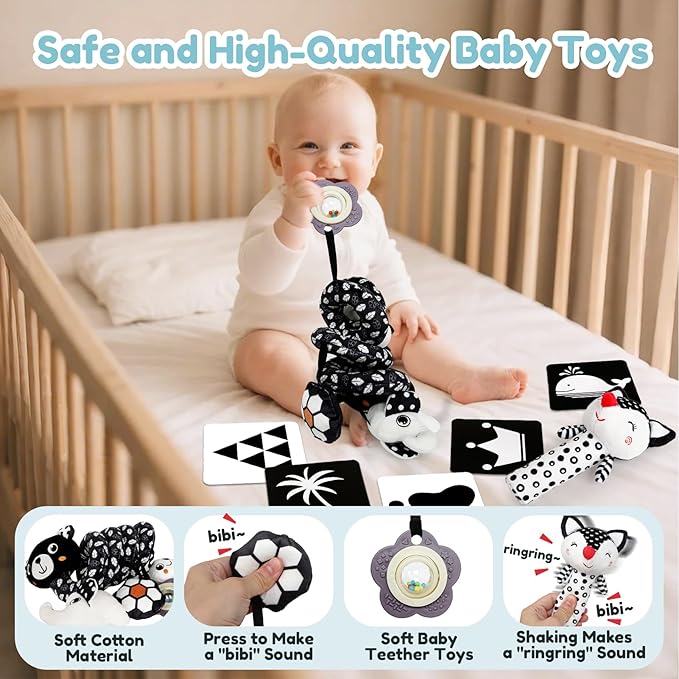 Car Seat Toys for Babies 0-6 Months,Hanging Rattle Toys for Crib Mobile, Baby Spiral Hanging Stroller Black and White High Contrast Toys for Newborn 0 3 6 9 12 Months Baby Boys Girls (Set-2)-CubbioJoy