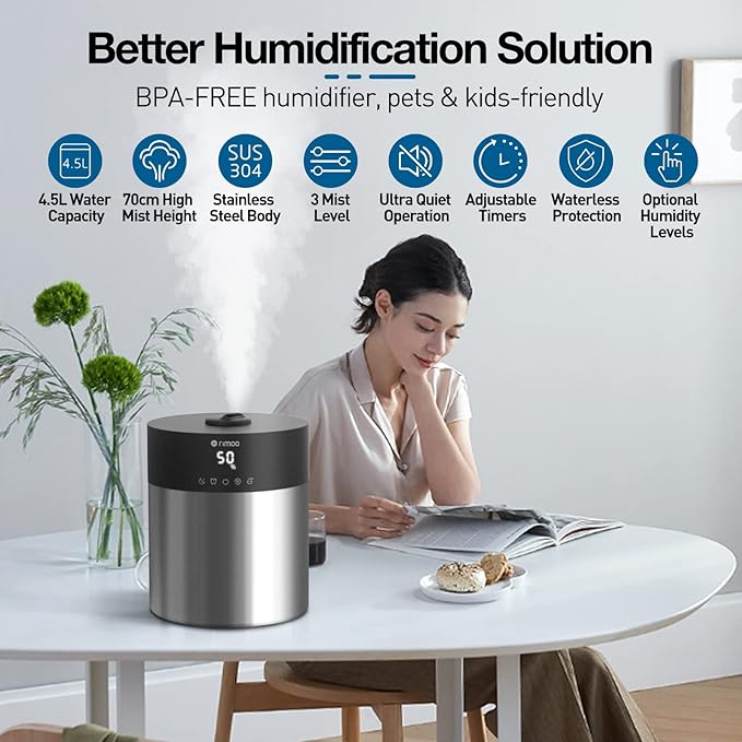 4.5L Humidifiers for Bedroom Large Room, Ultrasonic Cool Mist Humidifier with Stainless Steel Tank for Boiling Cleaning, Top Fill Humidifier with Smart Humidistat & Timer, Sleep Mode-CubbioJoy