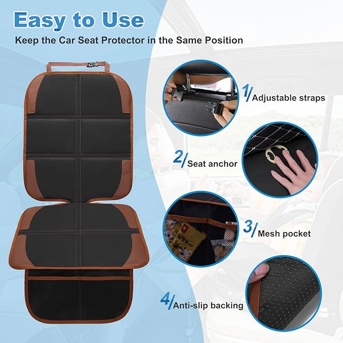 Car Seat Protector for Child, 2 Pack With Mesh Pockets & Non-Slip Backing 600D Durable Under Baby Seat Cover for Back Seat (Dark Brown, Standard)-CubbioJoy