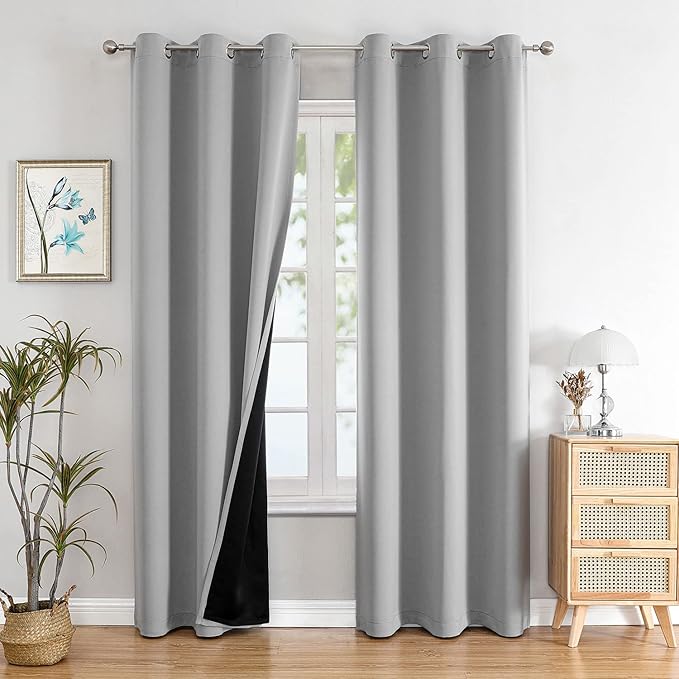 ChrisDowa 100% Blackout Curtains for Bedroom with Black Liner, 2 Thick Layers Total Blackout Thermal Insulated Grommet Window Curtains 84 Inch Long 2 Panels Set (Light Grey, 42 x 84 Inch)-CubbioJoy