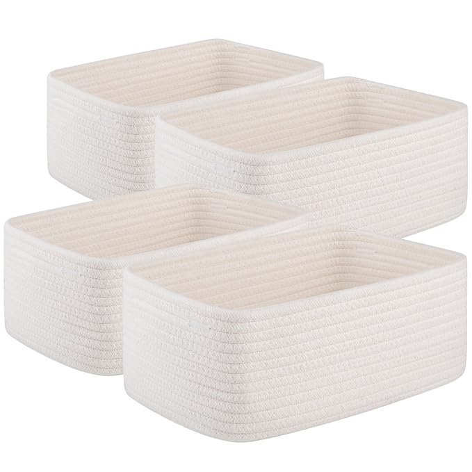 4 Pack Small Storage Shelf Baskets for Organizing, Mini Woven Rope Storage Bins for Towels, Cute Decorative Closet Organizer，Baby Nursery, Gift Empty Baskets -11.81''Lx7.87''Wx4.72''H-White-CubbioJoy