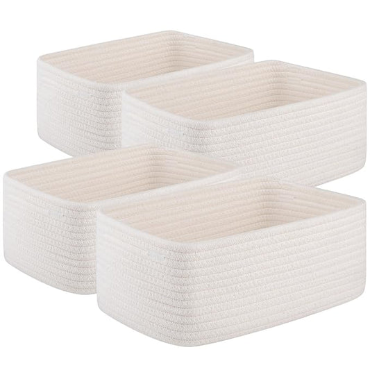 4 Pack Small Storage Shelf Baskets for Organizing, Mini Woven Rope Storage Bins for Towels, Cute Decorative Closet Organizer，Baby Nursery, Gift Empty Baskets -11.81''Lx7.87''Wx4.72''H-White-CubbioJoy