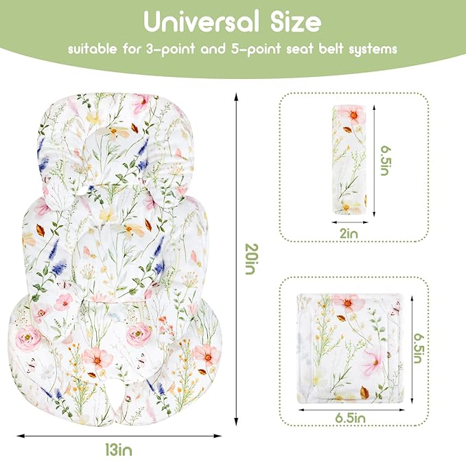 Infant Car Seat Insert, Car Seat Head Support Baby Girls Boys, Soft & Reversible Newborn Carseat Insert Cushion with 2 Strap Covers, for Stroller, Swing, Bouncer (White Wildflowers)-CubbioJoy